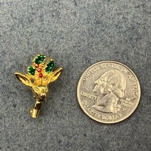 Christmas Pin Brooch Reindeer Head Gold Holly Red Green Enamel Vintage
